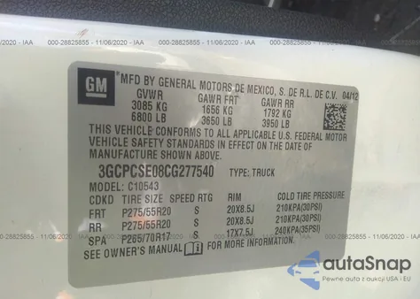 2012 Chevrolet Silverado 1500 Lt z USA, uszkodzony, nr VIN 3GCPCSE08CG277540